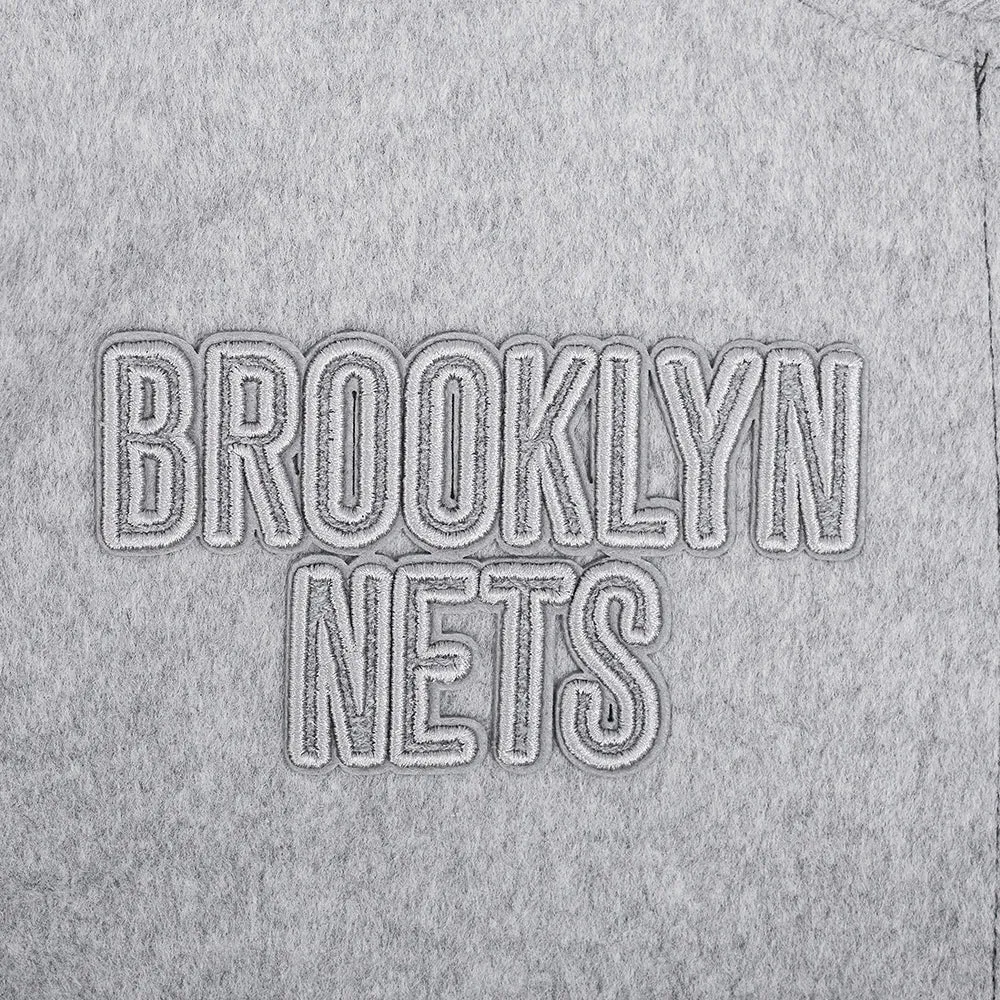 NBA BROOKLYN NETS REVERSE FRENCH TERRY WOMEN'S WOOL VARSITY JACKET (BLACK/GRAY/EGGSHELL)