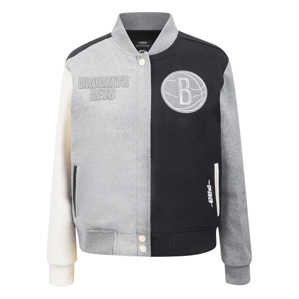 NBA BROOKLYN NETS REVERSE FRENCH TERRY WOMEN'S WOOL VARSITY JACKET (BLACK/GRAY/EGGSHELL)