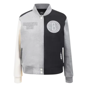 NBA BROOKLYN NETS REVERSE FRENCH TERRY WOMEN'S WOOL VARSITY JACKET (BLACK/GRAY/EGGSHELL)