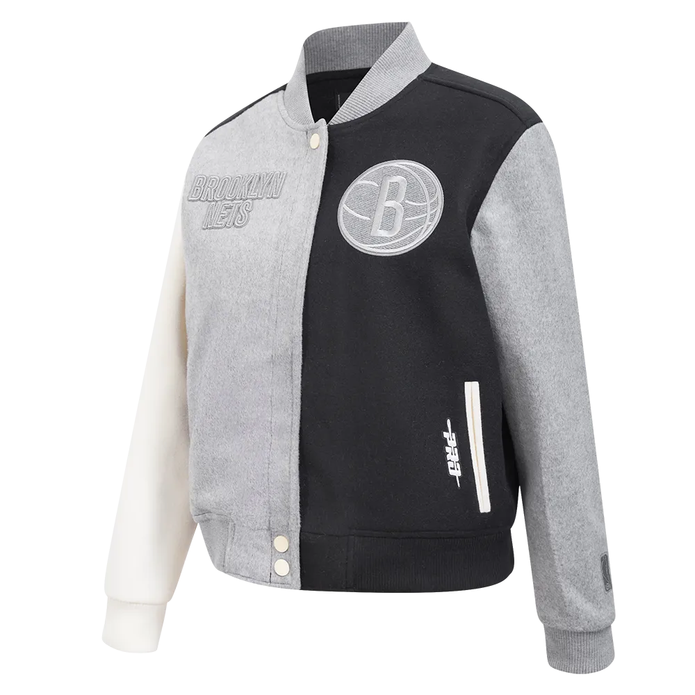 NBA BROOKLYN NETS REVERSE FRENCH TERRY WOMEN'S WOOL VARSITY JACKET (BLACK/GRAY/EGGSHELL)