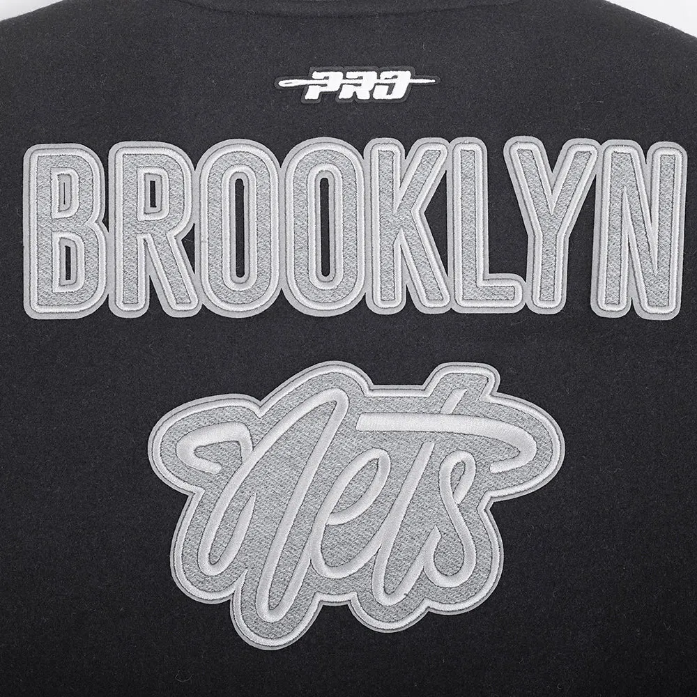 NBA BROOKLYN NETS REVERSE FRENCH TERRY WOMEN'S WOOL VARSITY JACKET (BLACK/GRAY/EGGSHELL)