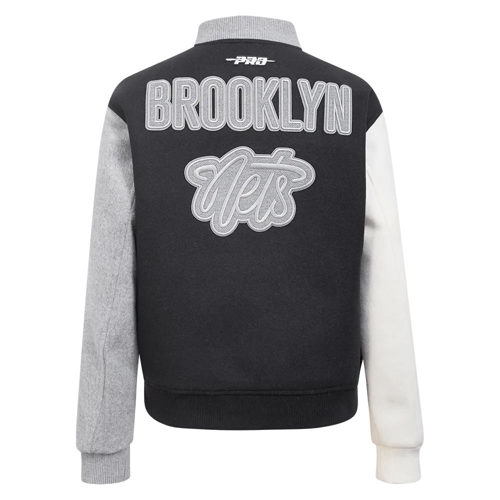 NBA BROOKLYN NETS REVERSE FRENCH TERRY WOMEN'S WOOL VARSITY JACKET (BLACK/GRAY/EGGSHELL)
