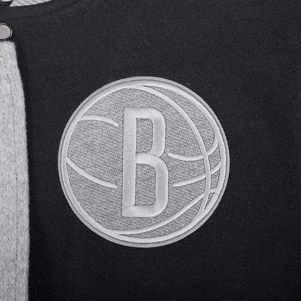 NBA BROOKLYN NETS REVERSE FRENCH TERRY WOMEN'S WOOL VARSITY JACKET (BLACK/GRAY/EGGSHELL)