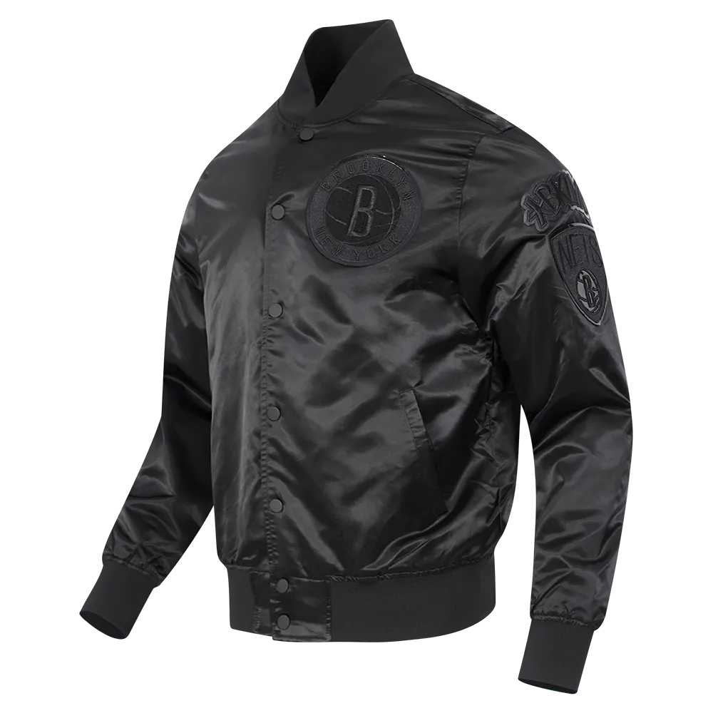 NBA BROOKLYN NETS TRIPLE BLACK MEN'S SATIN JACKET (BLACK)