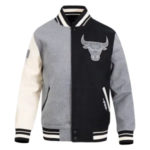 NBA CHICAGO BULLS REVERSE FRENCH TERRY MEN'S COLOR BLOCK WOOL VARSITY JACKET (BLACK/GRAY/EGGSHELL)