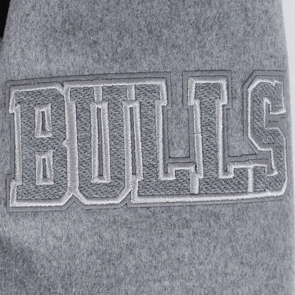 NBA CHICAGO BULLS REVERSE FRENCH TERRY MEN'S COLOR BLOCK WOOL VARSITY JACKET (BLACK/GRAY/EGGSHELL)