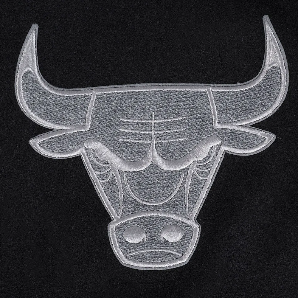 NBA CHICAGO BULLS REVERSE FRENCH TERRY MEN'S COLOR BLOCK WOOL VARSITY JACKET (BLACK/GRAY/EGGSHELL)