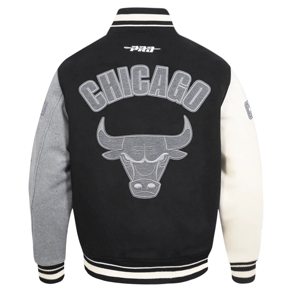 NBA CHICAGO BULLS REVERSE FRENCH TERRY MEN'S COLOR BLOCK WOOL VARSITY JACKET (BLACK/GRAY/EGGSHELL)