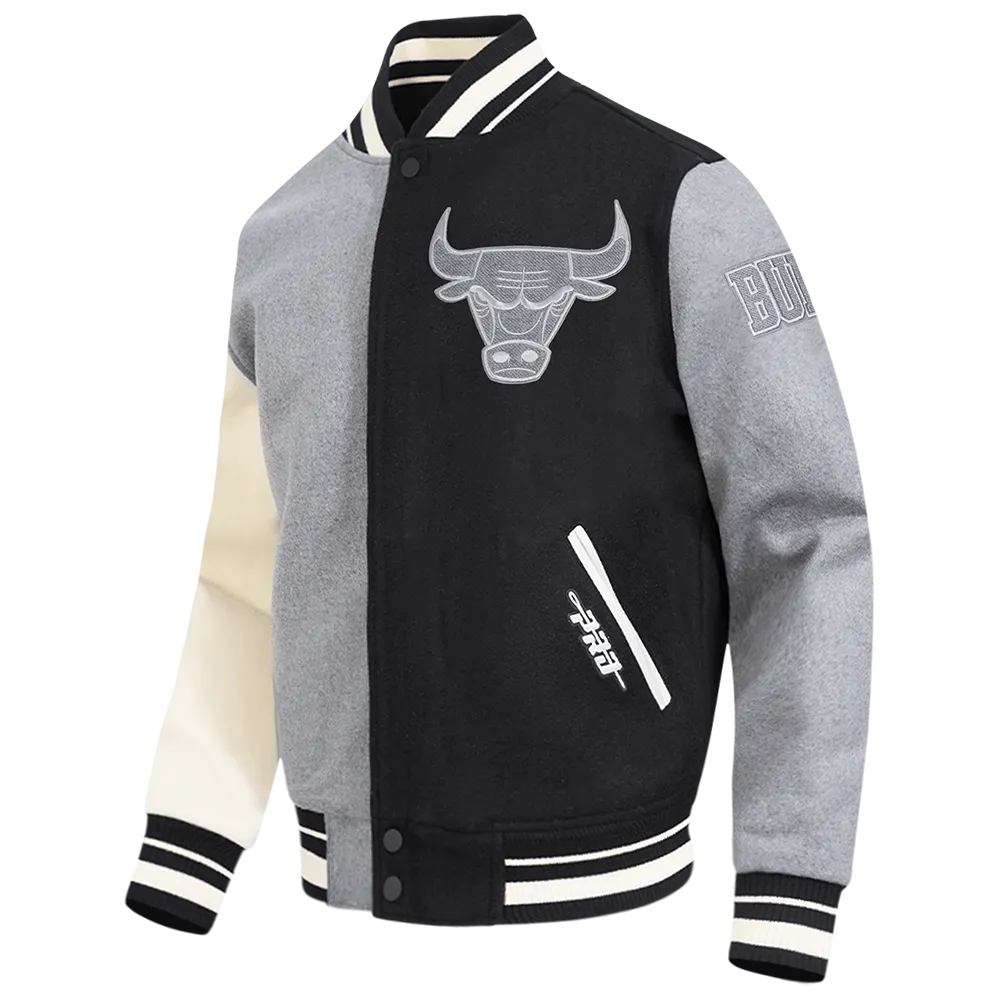 NBA CHICAGO BULLS REVERSE FRENCH TERRY MEN'S COLOR BLOCK WOOL VARSITY JACKET (BLACK/GRAY/EGGSHELL)