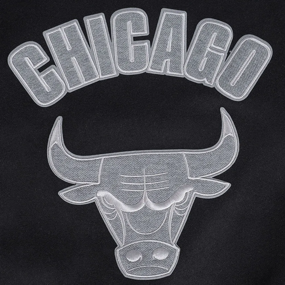 NBA CHICAGO BULLS REVERSE FRENCH TERRY MEN'S COLOR BLOCK WOOL VARSITY JACKET (BLACK/GRAY/EGGSHELL)