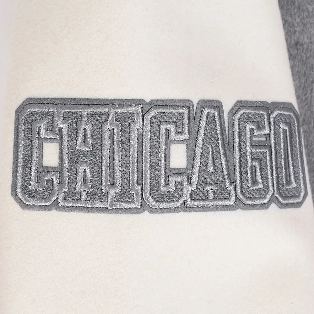 NBA CHICAGO BULLS REVERSE FRENCH TERRY MEN'S COLOR BLOCK WOOL VARSITY JACKET (BLACK/GRAY/EGGSHELL)