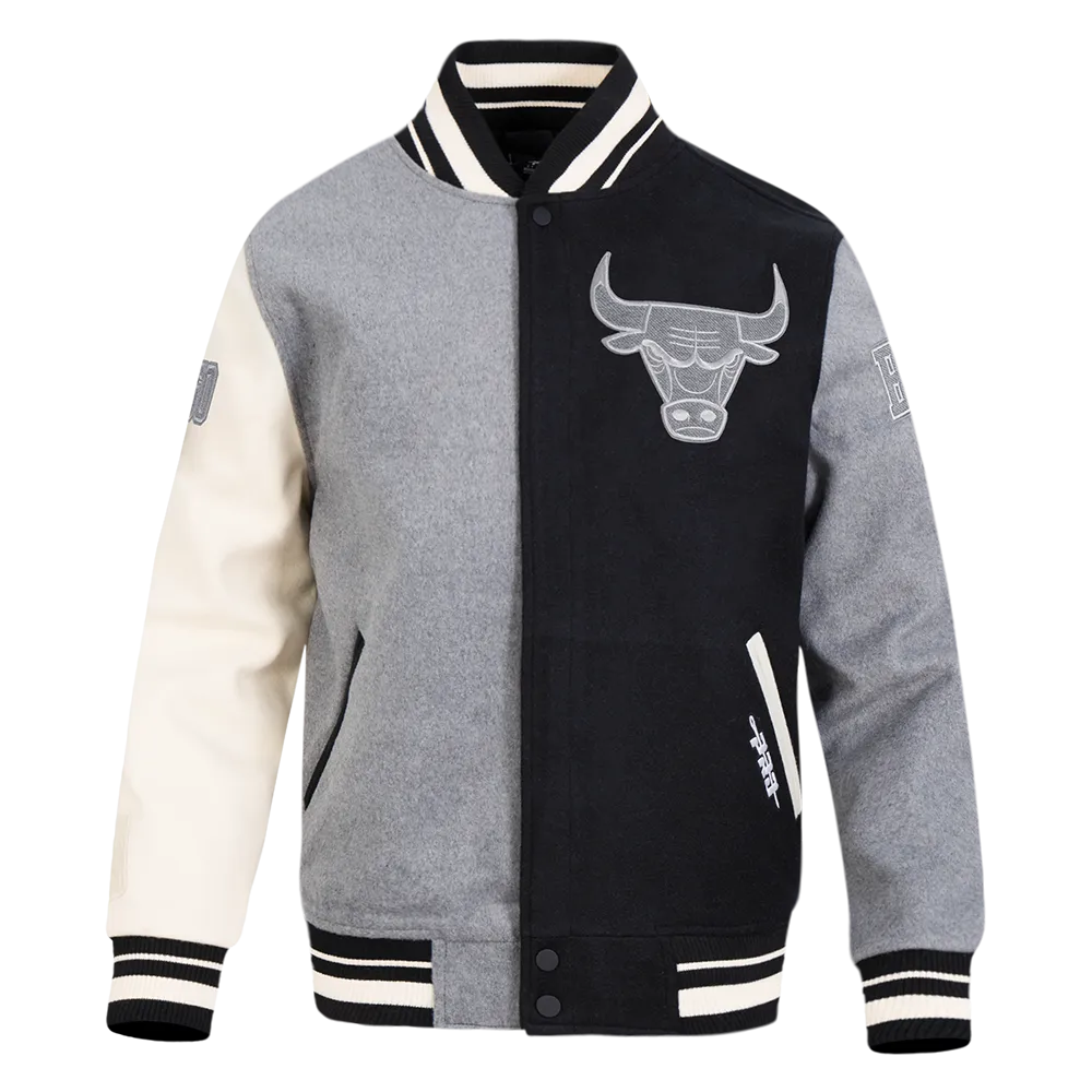NBA CHICAGO BULLS REVERSE FRENCH TERRY MEN'S COLOR BLOCK WOOL VARSITY JACKET (BLACK/GRAY/EGGSHELL)