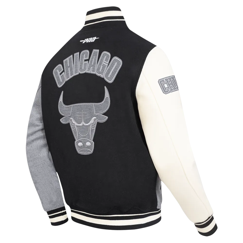 NBA CHICAGO BULLS REVERSE FRENCH TERRY MEN'S COLOR BLOCK WOOL VARSITY JACKET (BLACK/GRAY/EGGSHELL)