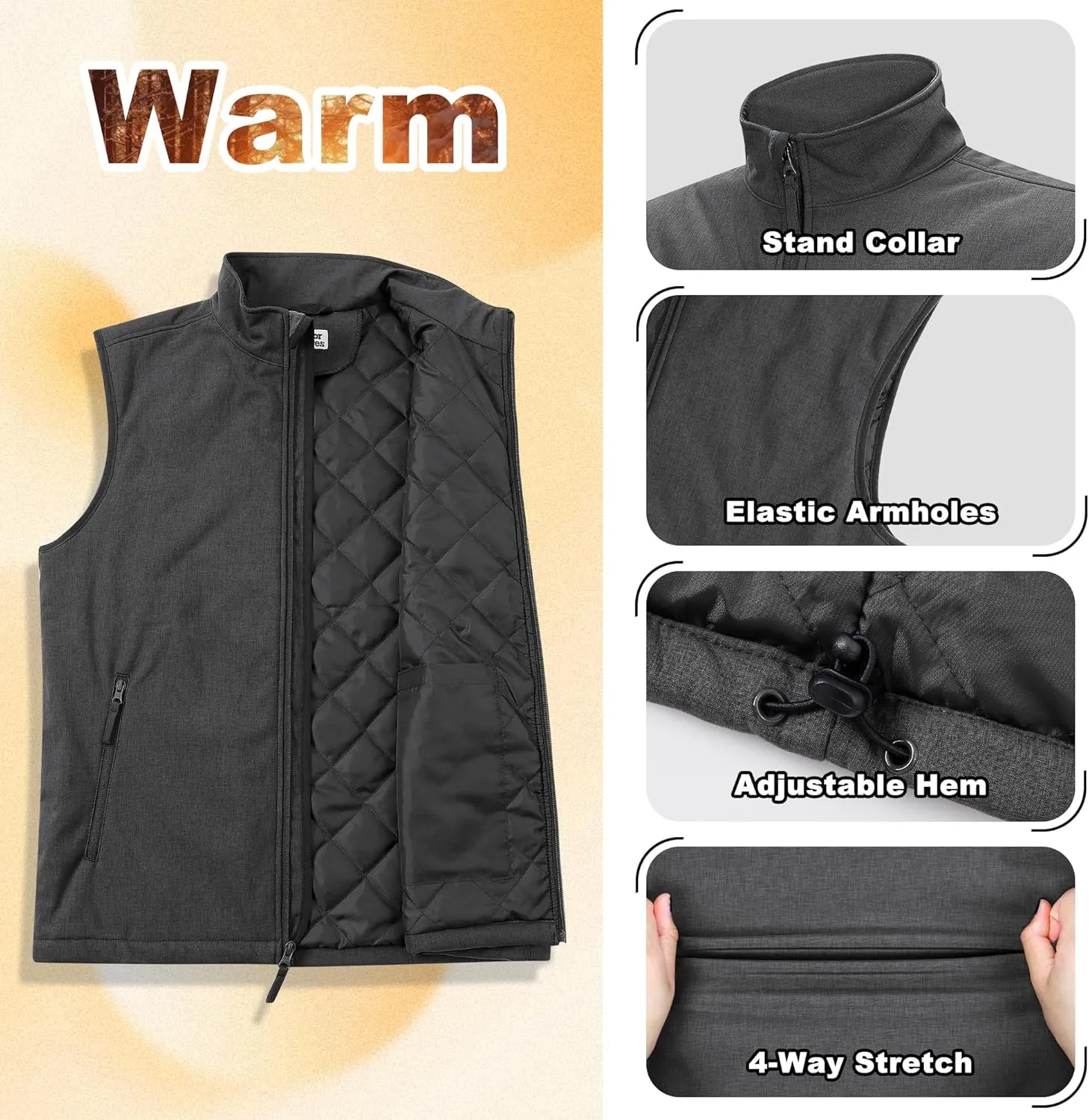 Outdoor Ventures Men's Casual Outerwear Vest Lightweight Winter Zip Up Sleeveless Jacket for Hiking Travel Golf Running