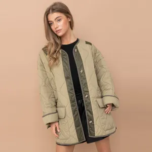 Oversized Quilted Jacket with Contrast (Olive)