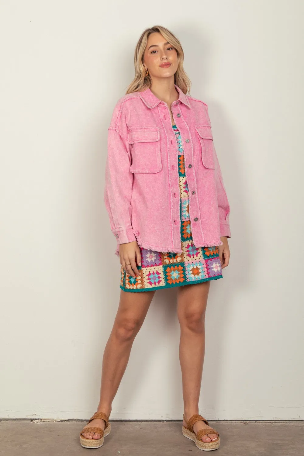 Pink Button Up Raw Hem Long Sleeve Jacket