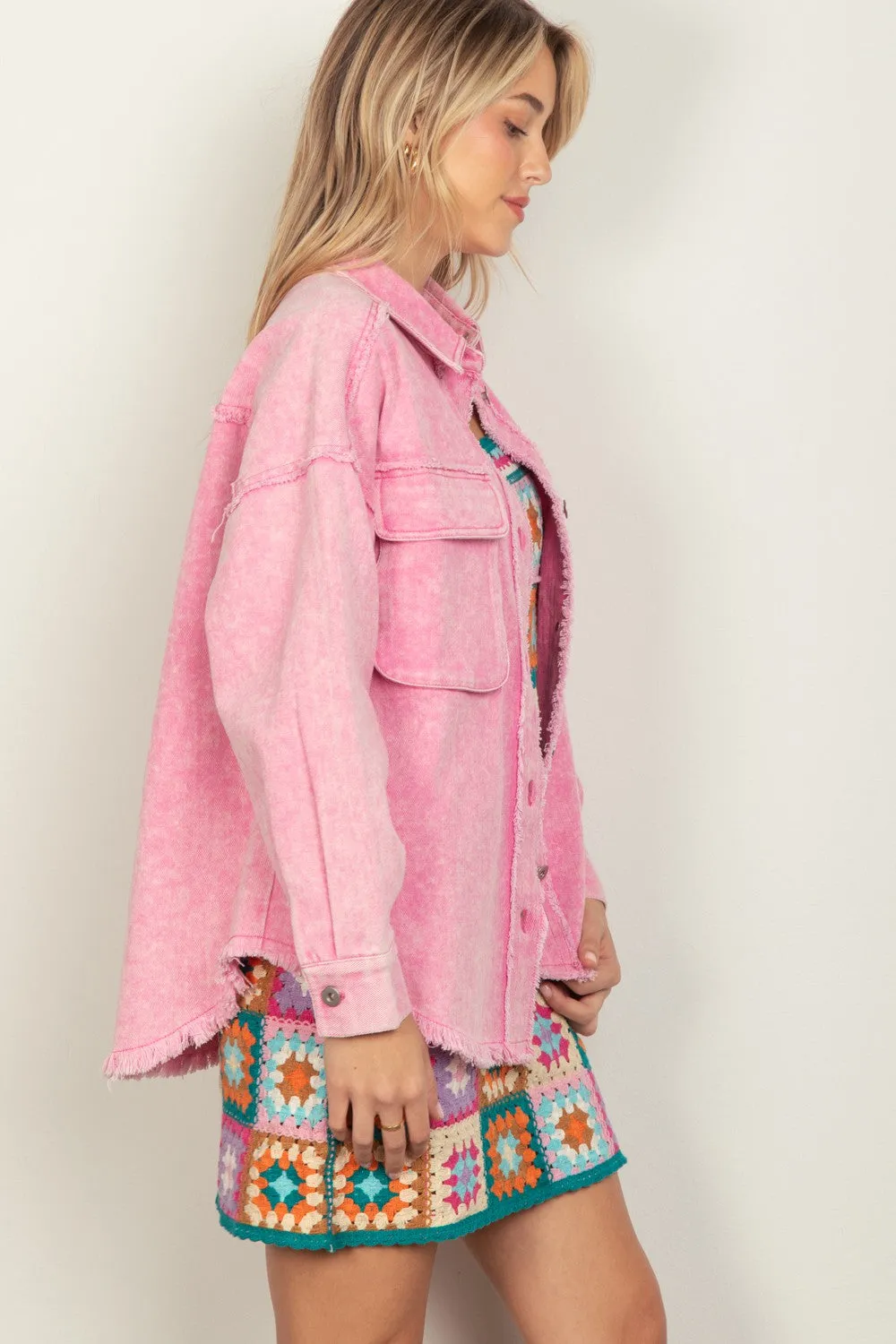 Pink Button Up Raw Hem Long Sleeve Jacket