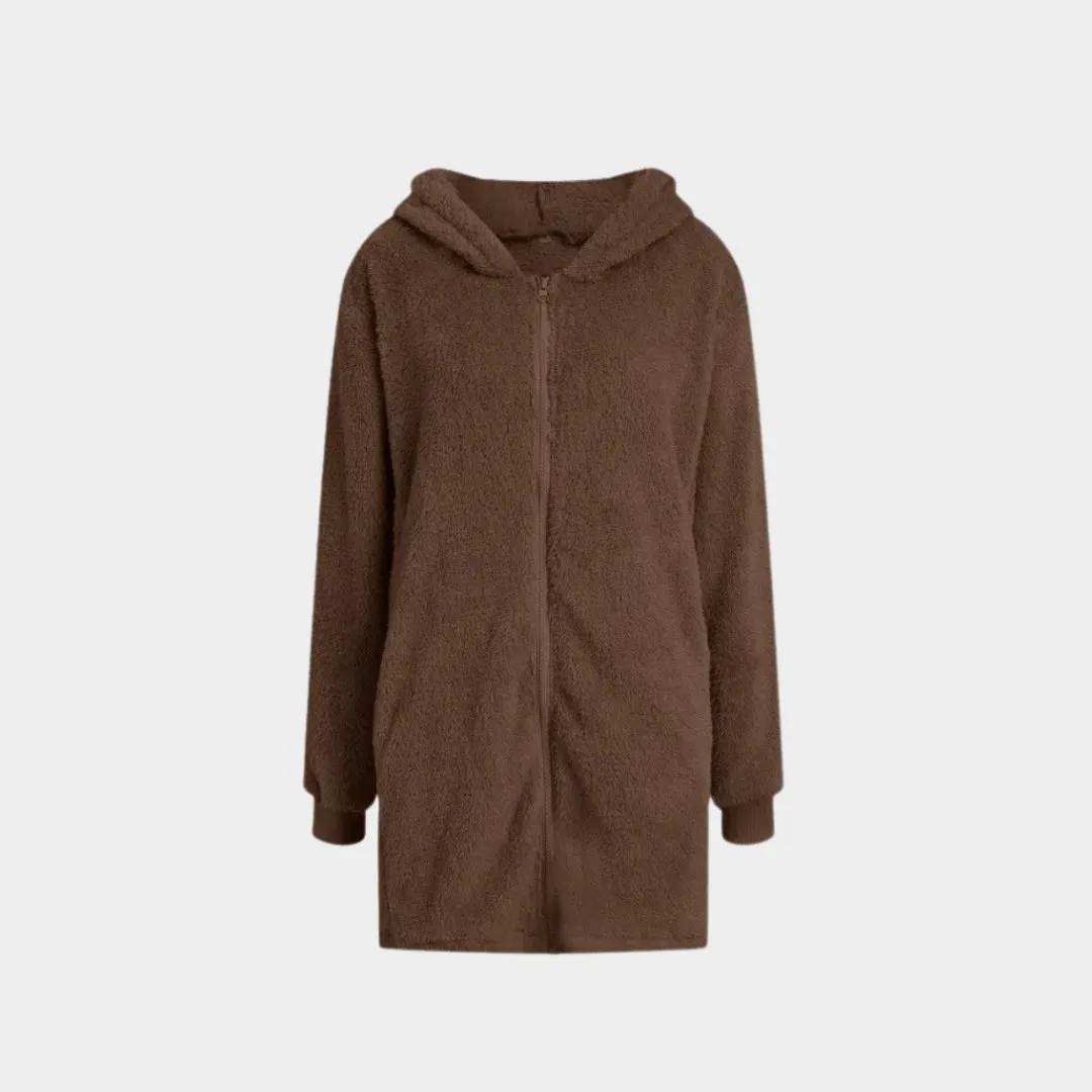 Plush Hooded Jacket for Women  Casual Autumn Winter Outerwear, Brown, Beige, Black