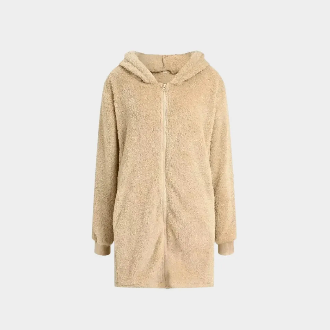 Plush Hooded Jacket for Women  Casual Autumn Winter Outerwear, Brown, Beige, Black
