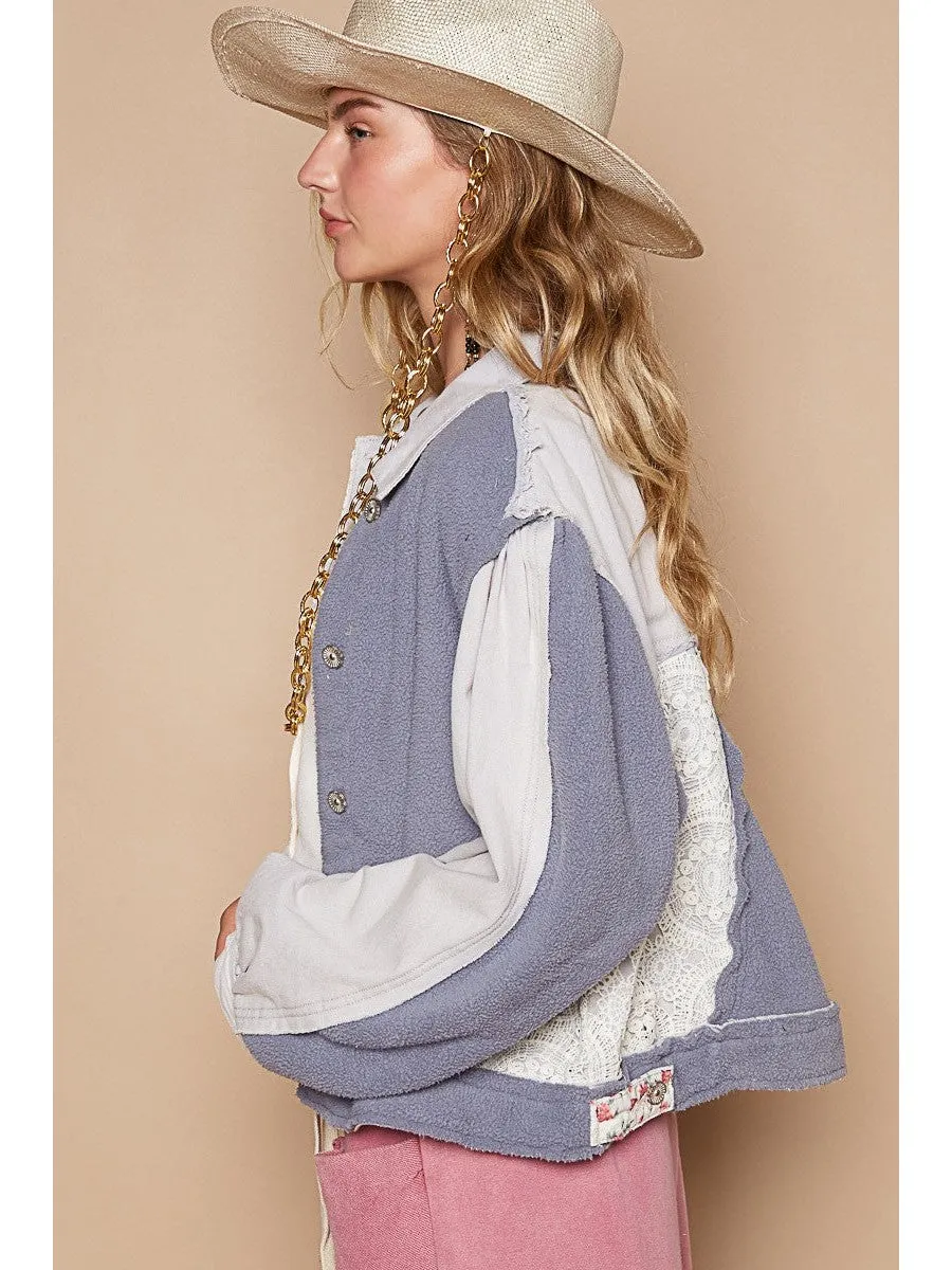 POL Crochet Patch Exposed Seam Button Up Jacket