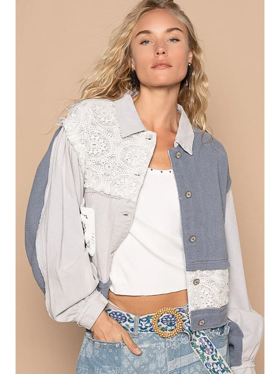 POL Crochet Patch Exposed Seam Button Up Jacket
