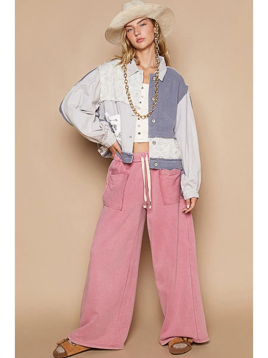 POL Crochet Patch Exposed Seam Button Up Jacket