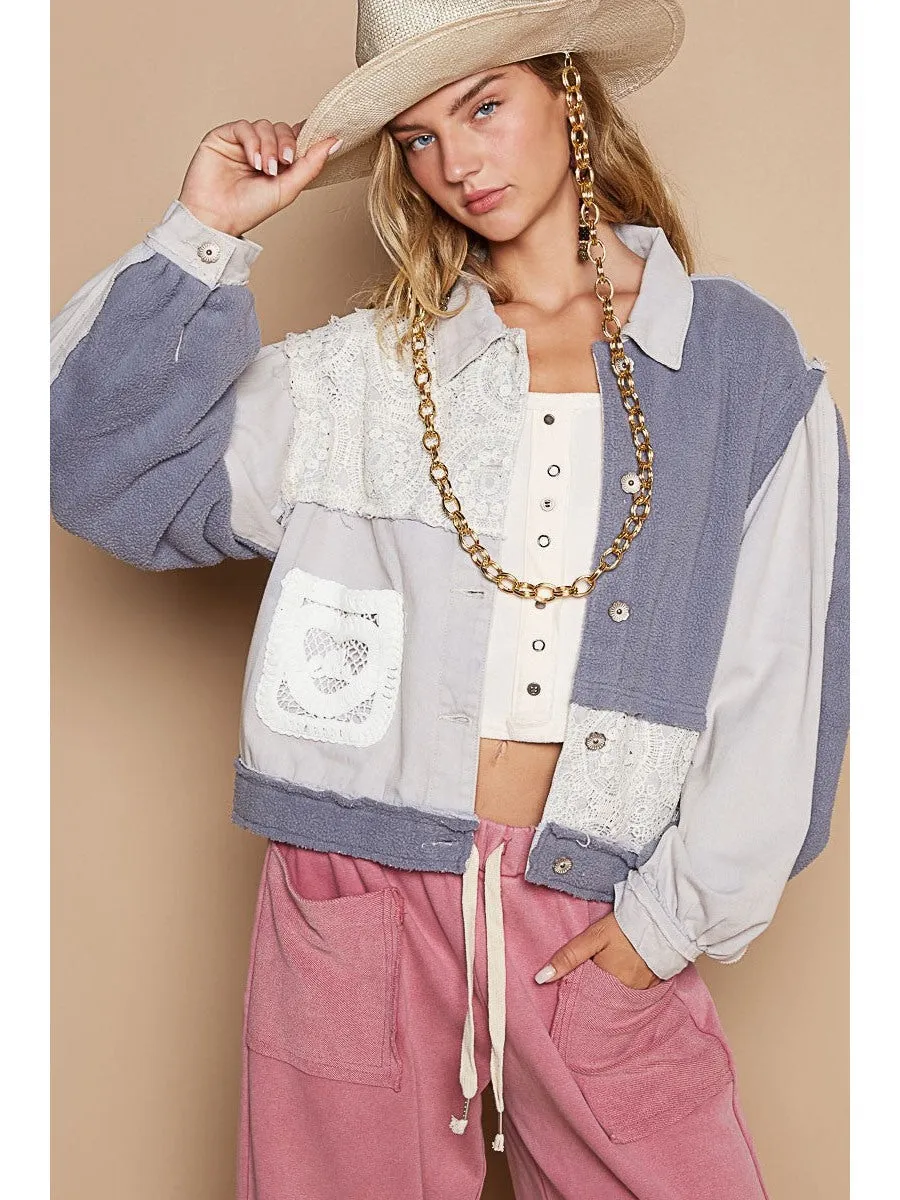 POL Crochet Patch Exposed Seam Button Up Jacket