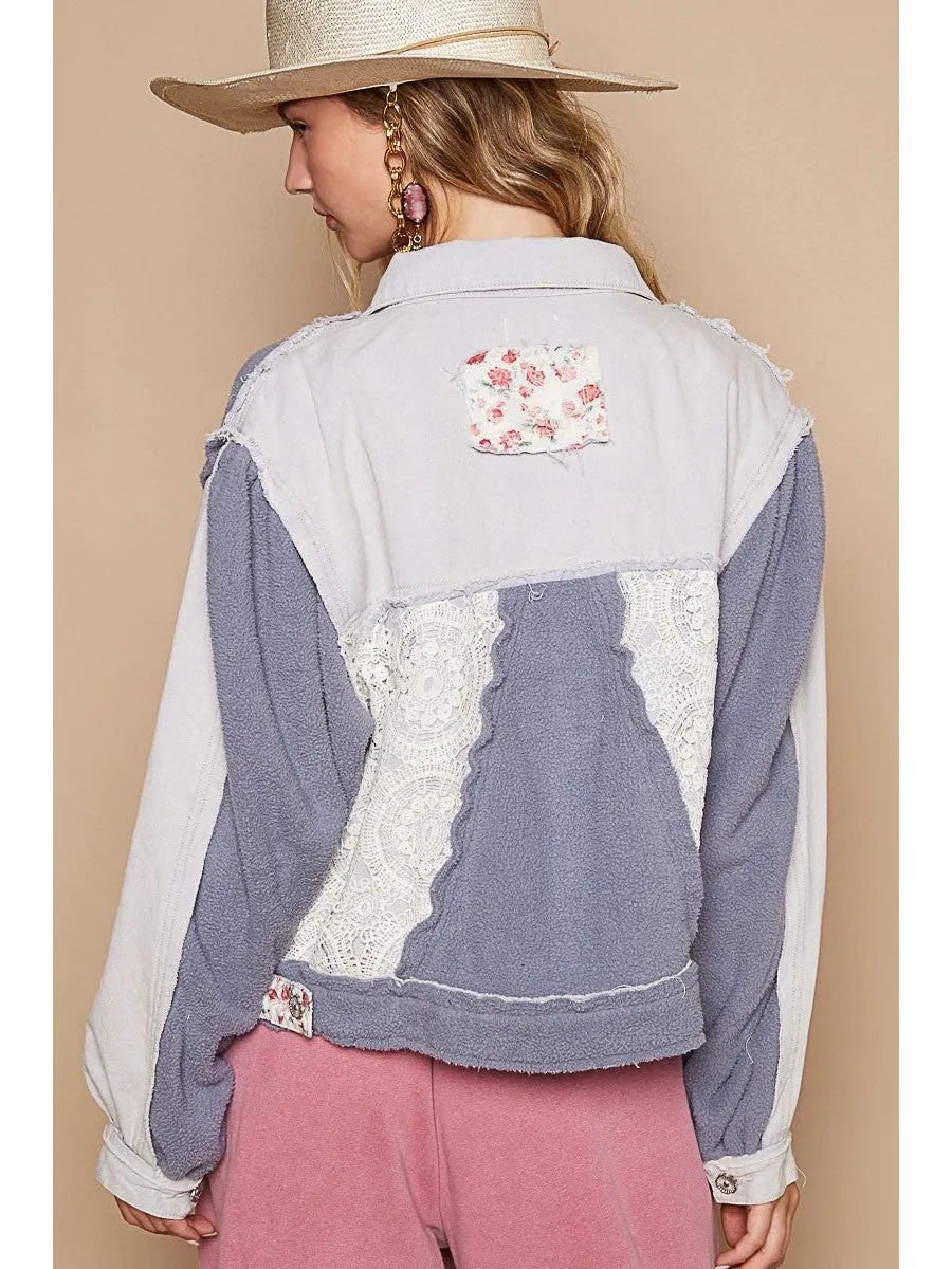 POL Crochet Patch Exposed Seam Button Up Jacket