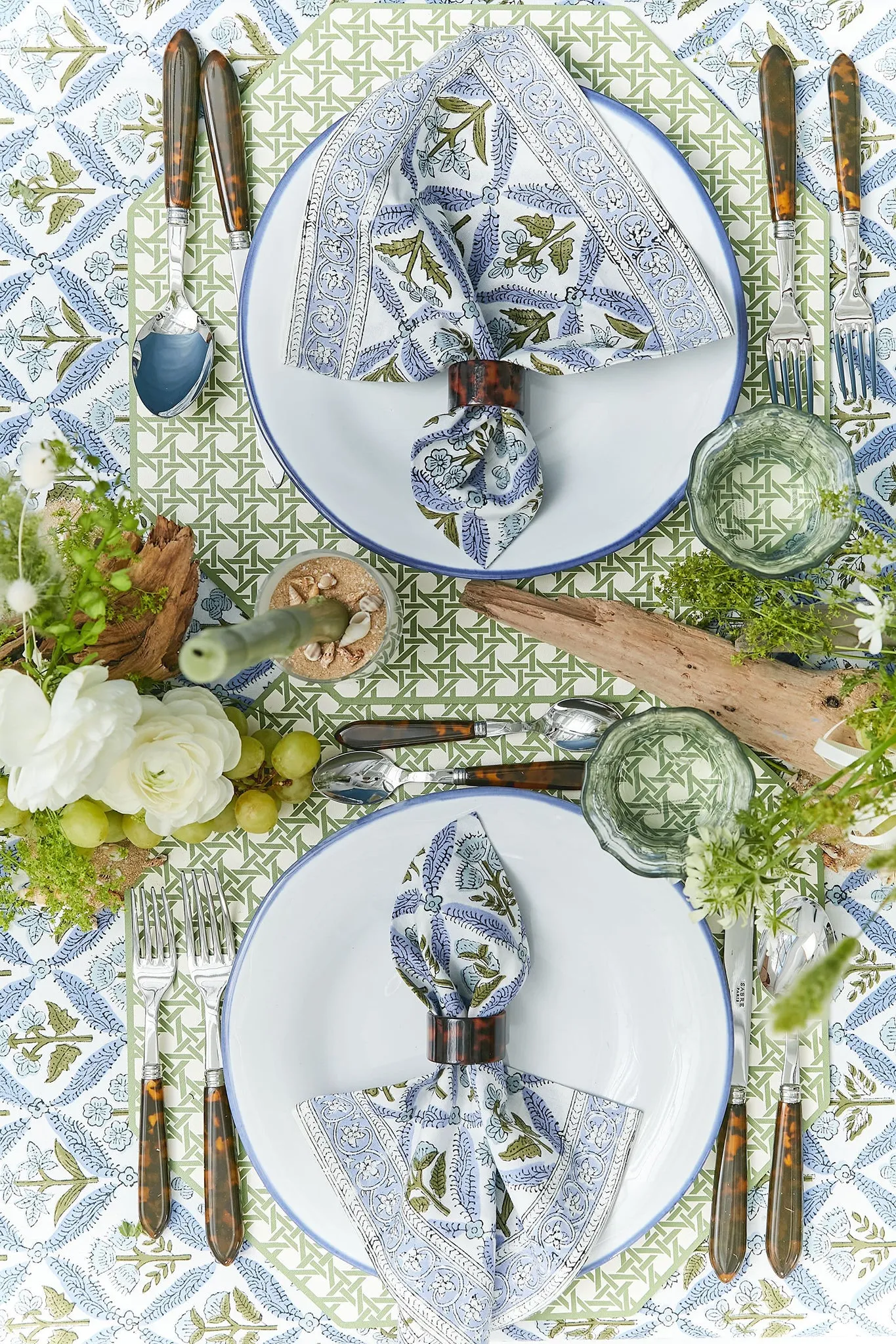 Reversible Saxon Green Chinois and Cane Placemats Set of 2