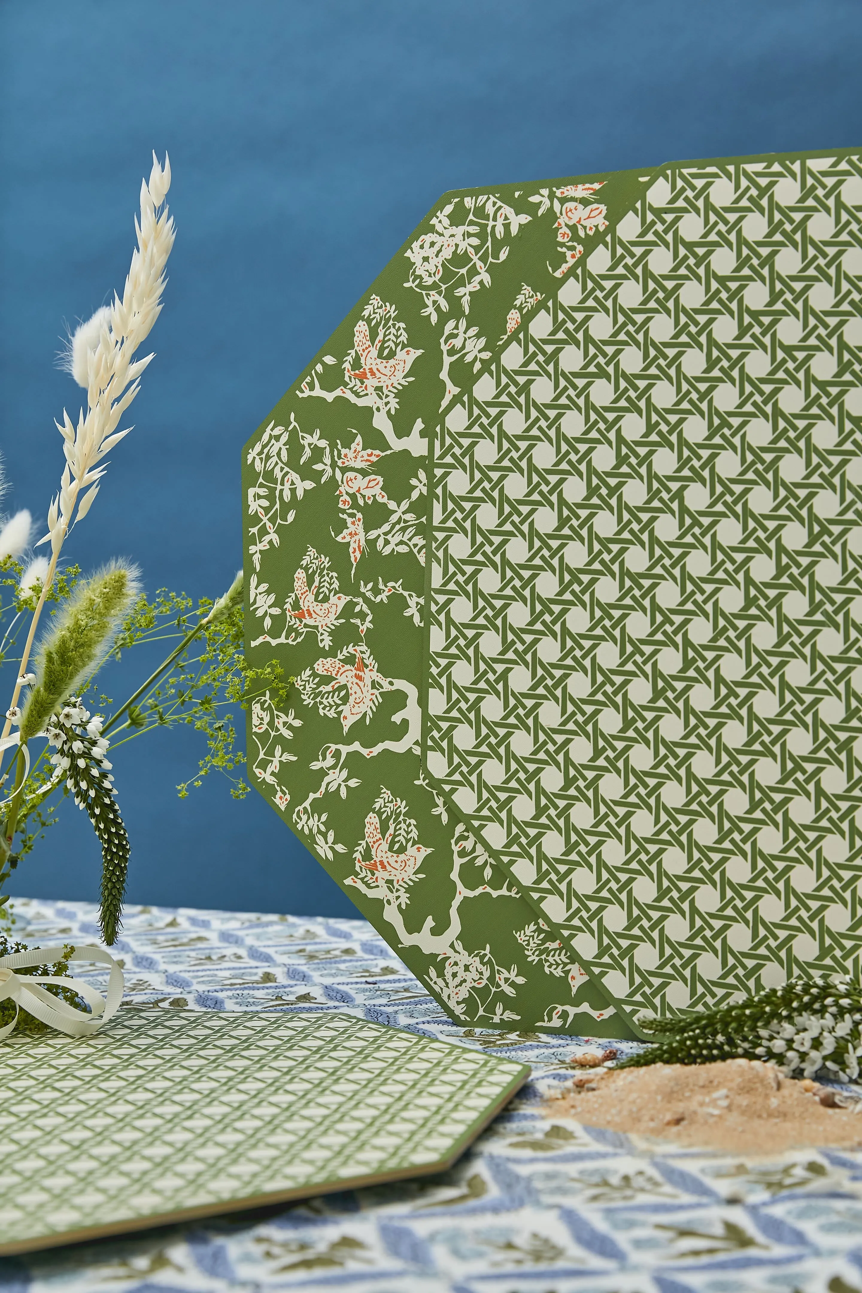Reversible Saxon Green Chinois and Cane Placemats Set of 2