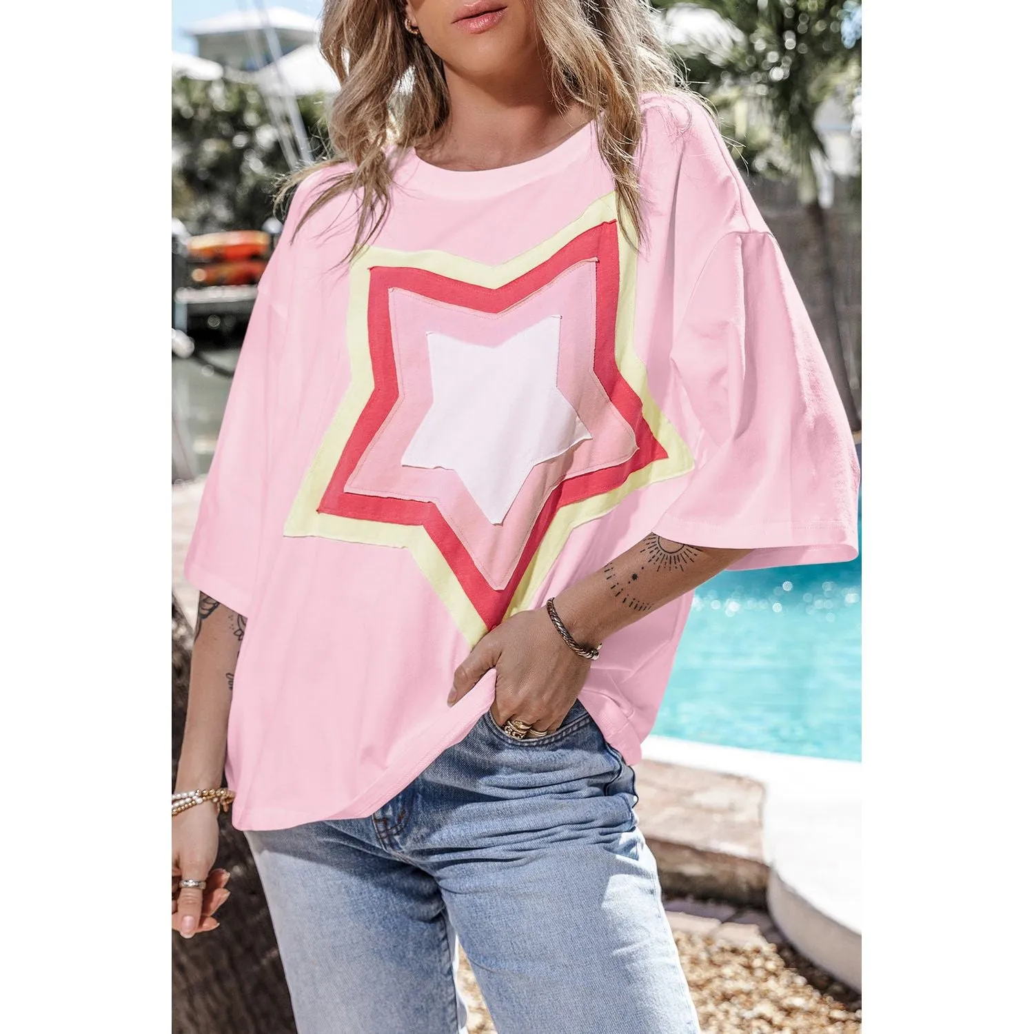 Shooting Star Light Pink Patched Half Sleeve Oversized Tee