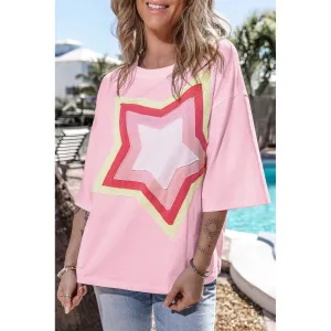Shooting Star Light Pink Patched Half Sleeve Oversized Tee
