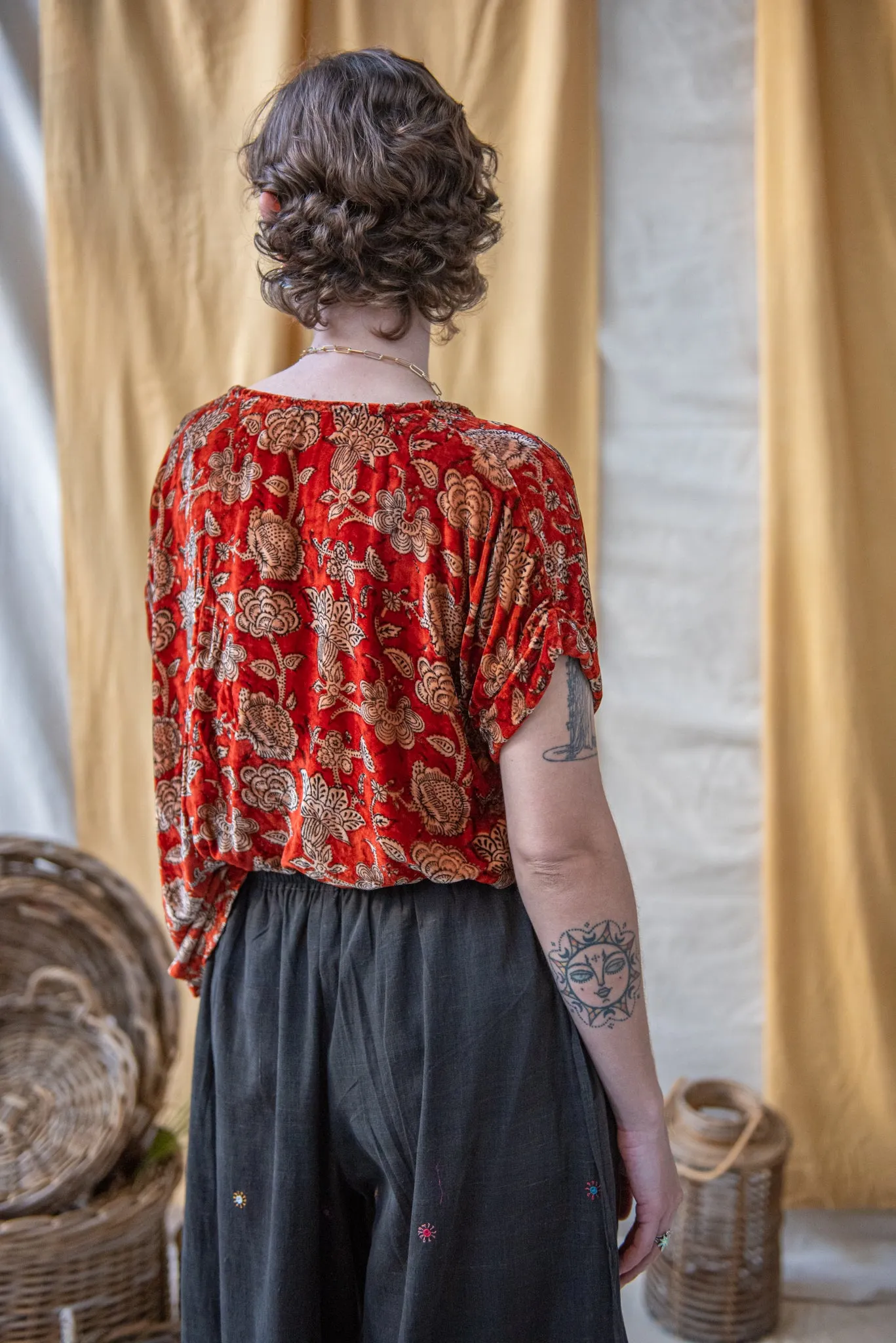 Short Sleeve Ajrakh Silk Velvet Top Red Indigo and Natural Floral