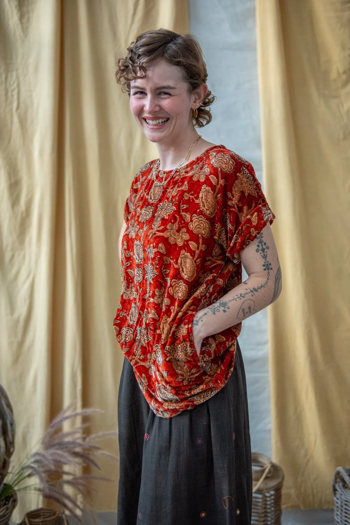 Short Sleeve Ajrakh Silk Velvet Top Red Indigo and Natural Floral