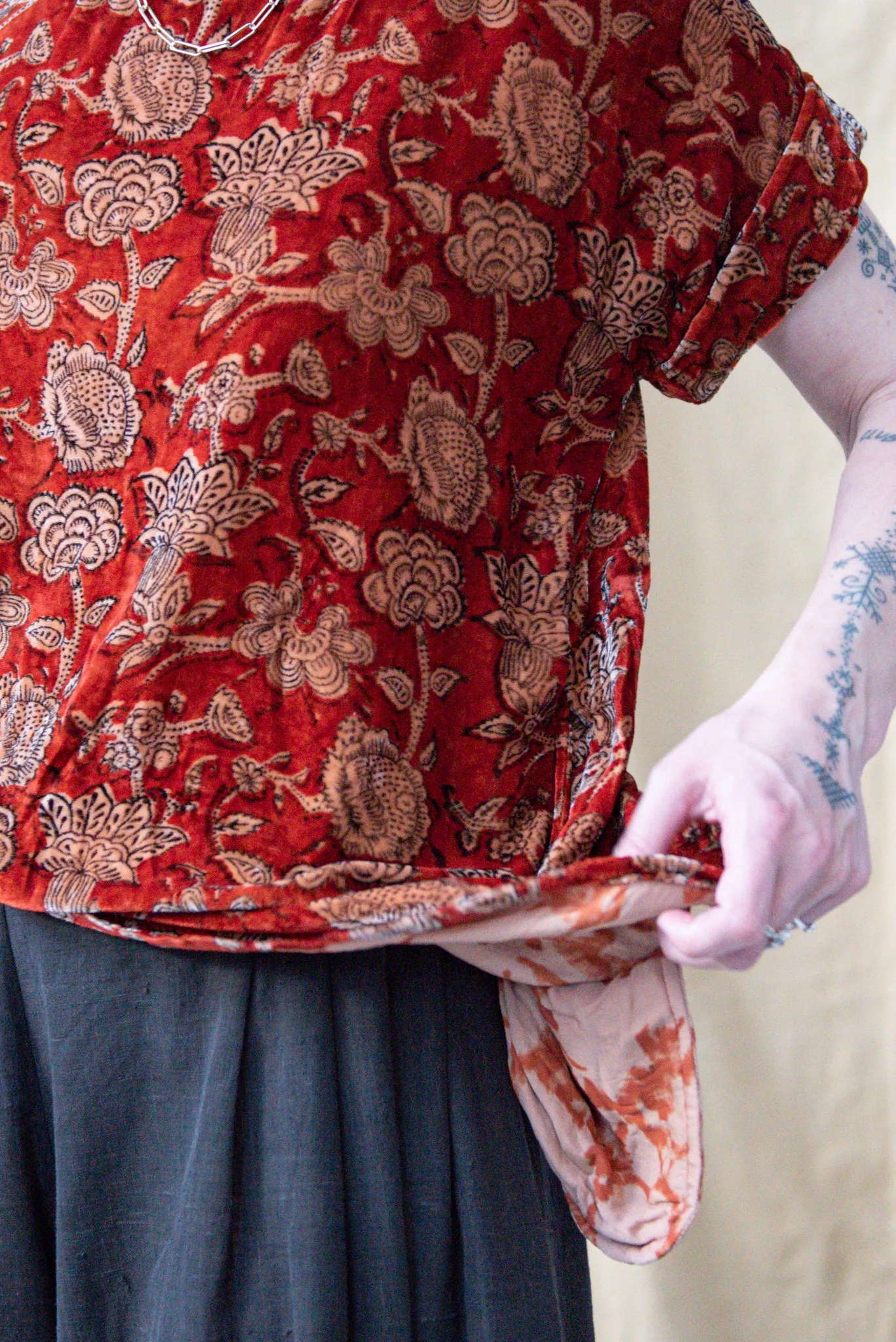 Short Sleeve Ajrakh Silk Velvet Top Red Indigo and Natural Floral
