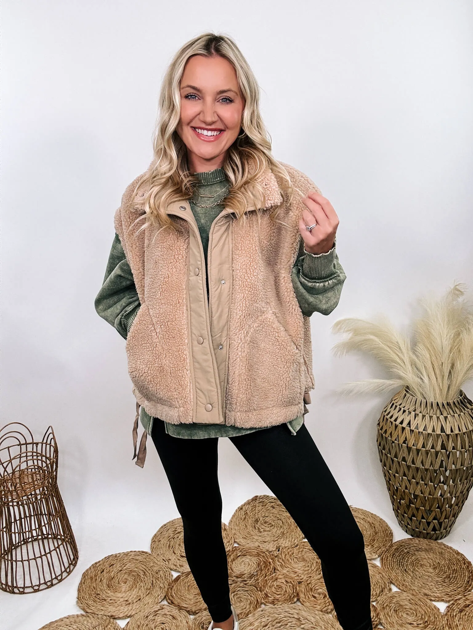 Tan Camel Oversized Sherpa Vest with Side Ties