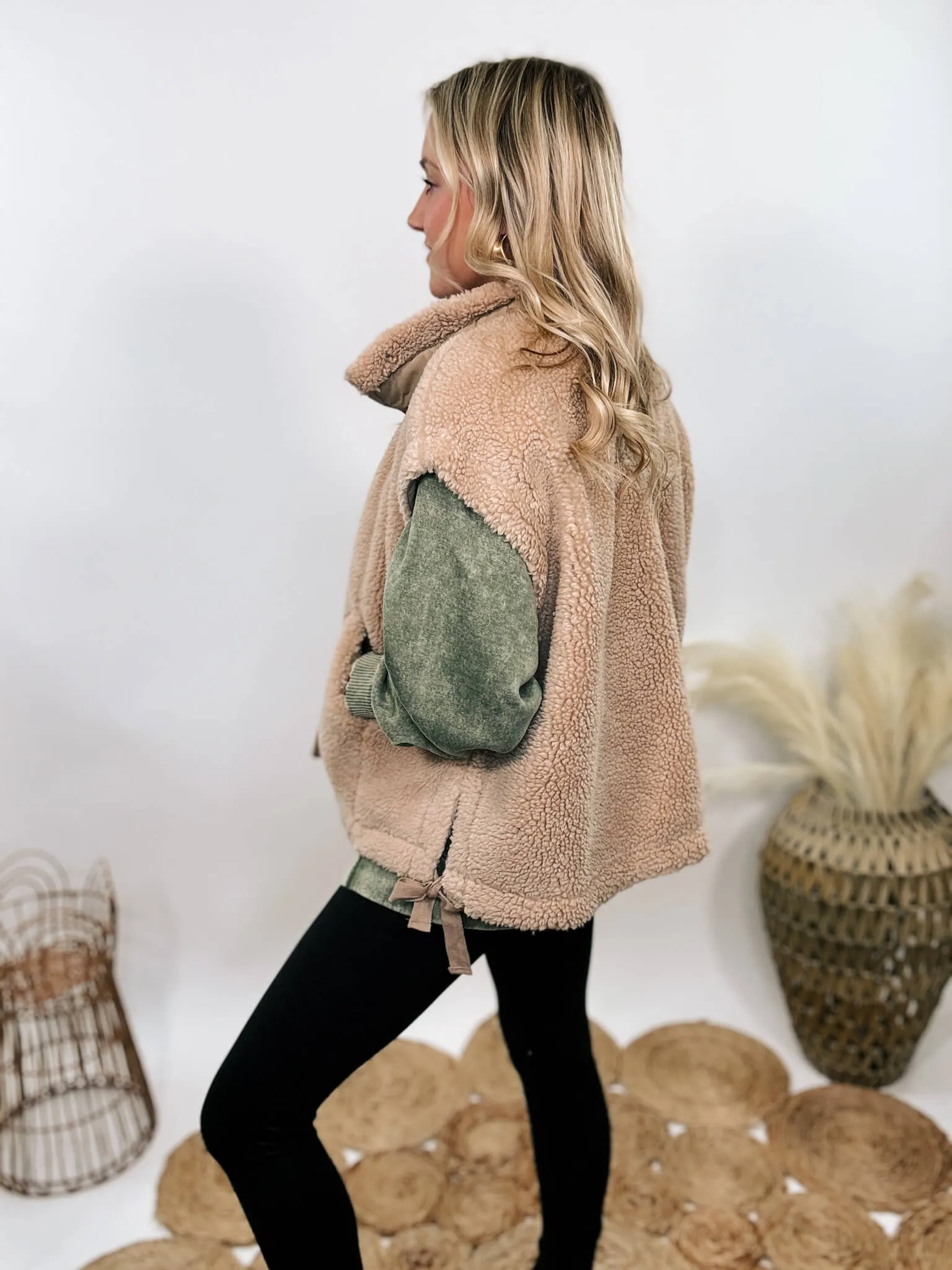 Tan Camel Oversized Sherpa Vest with Side Ties