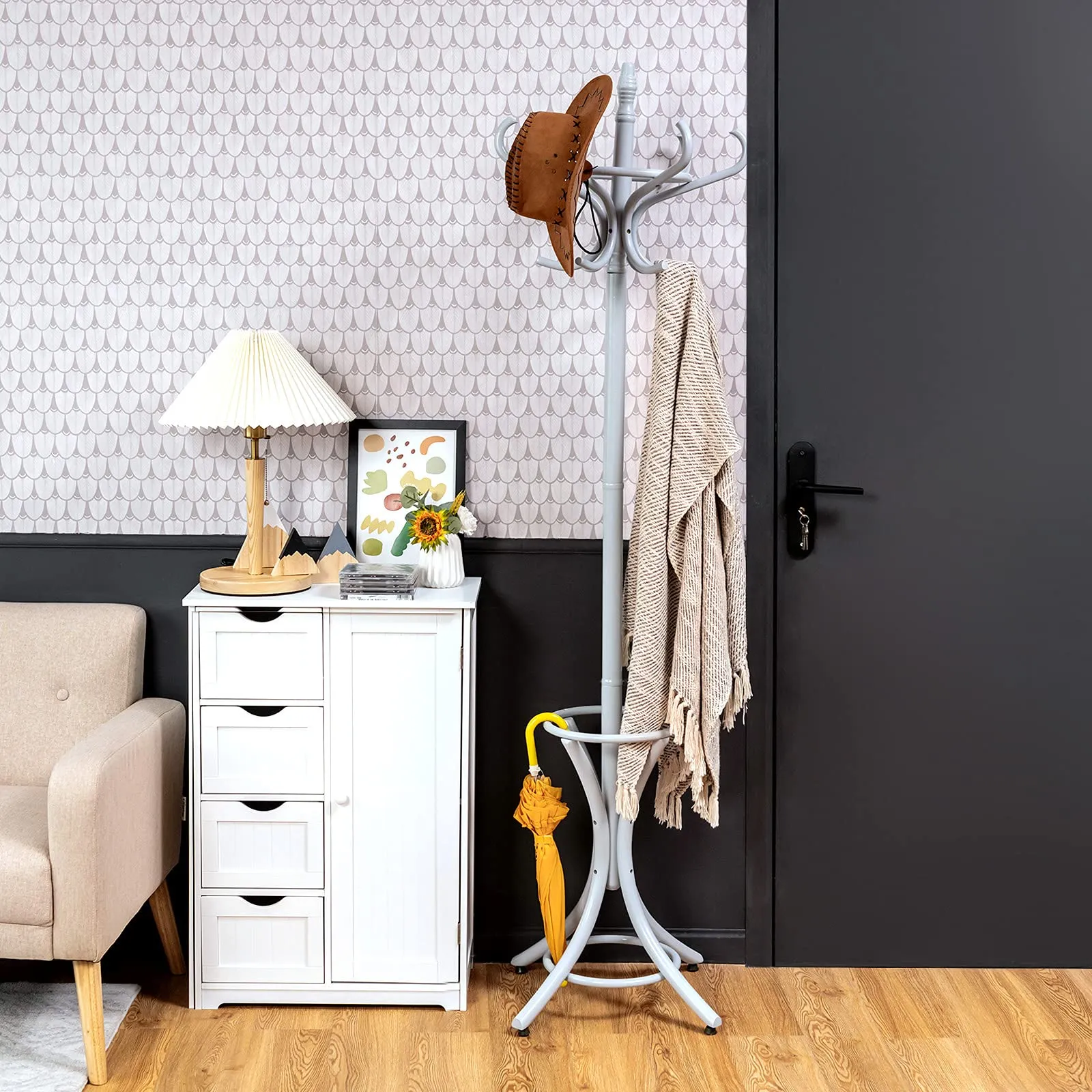 Tangkula 75.5" Standing Coat Rack, Wood Coat Tree with 12 Hooks