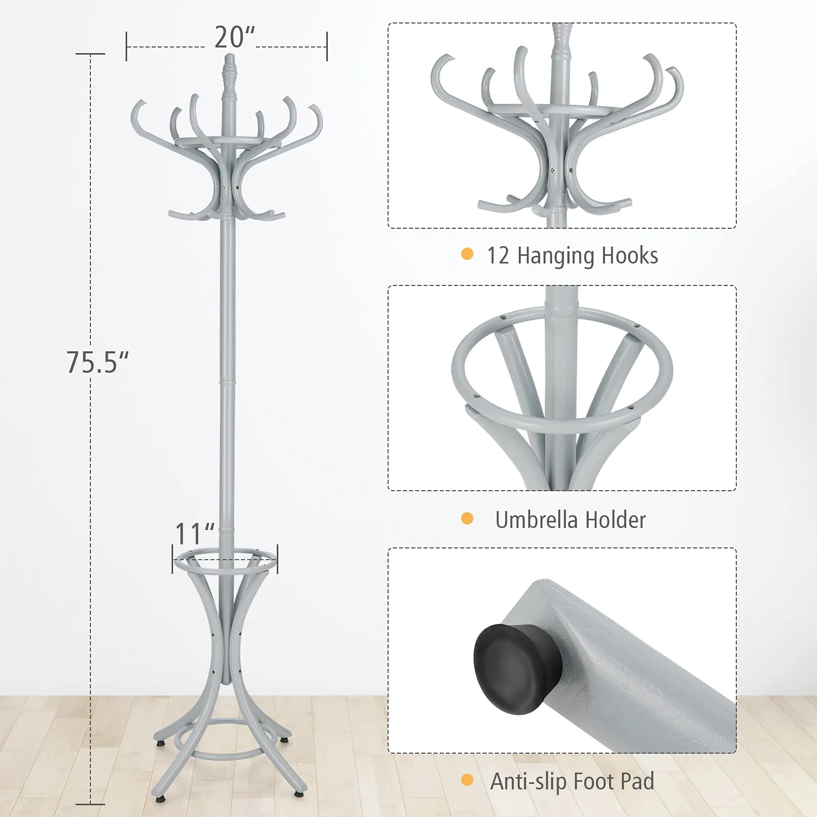 Tangkula 75.5" Standing Coat Rack, Wood Coat Tree with 12 Hooks