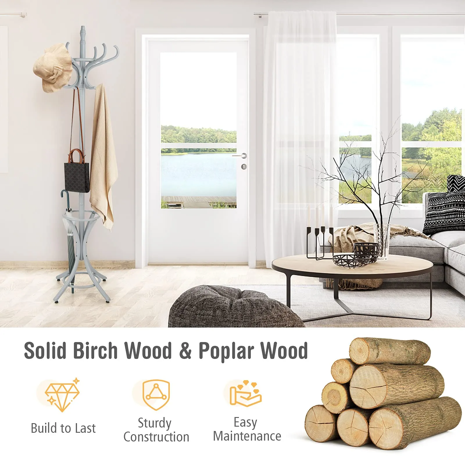 Tangkula 75.5" Standing Coat Rack, Wood Coat Tree with 12 Hooks