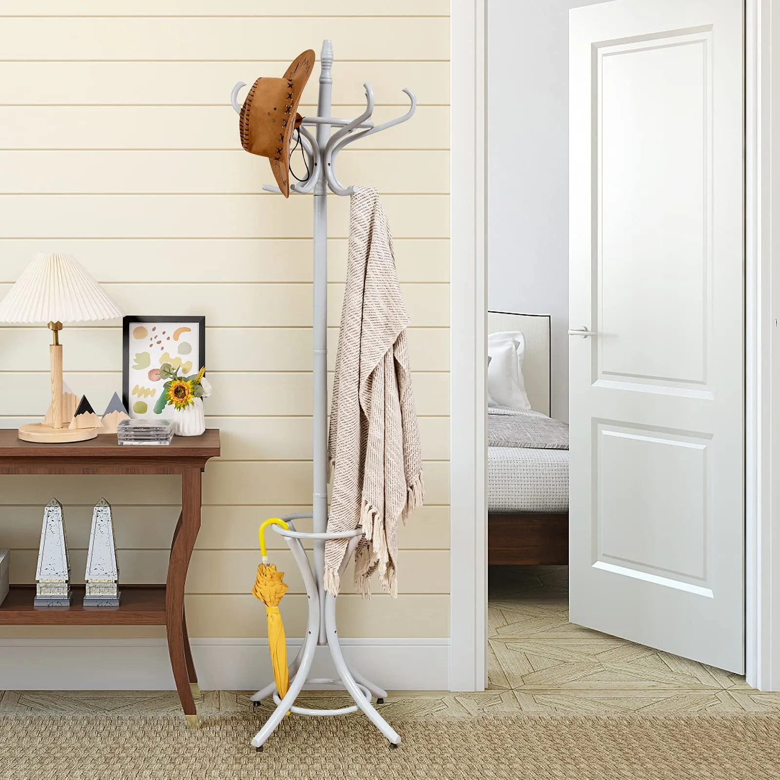 Tangkula 75.5" Standing Coat Rack, Wood Coat Tree with 12 Hooks