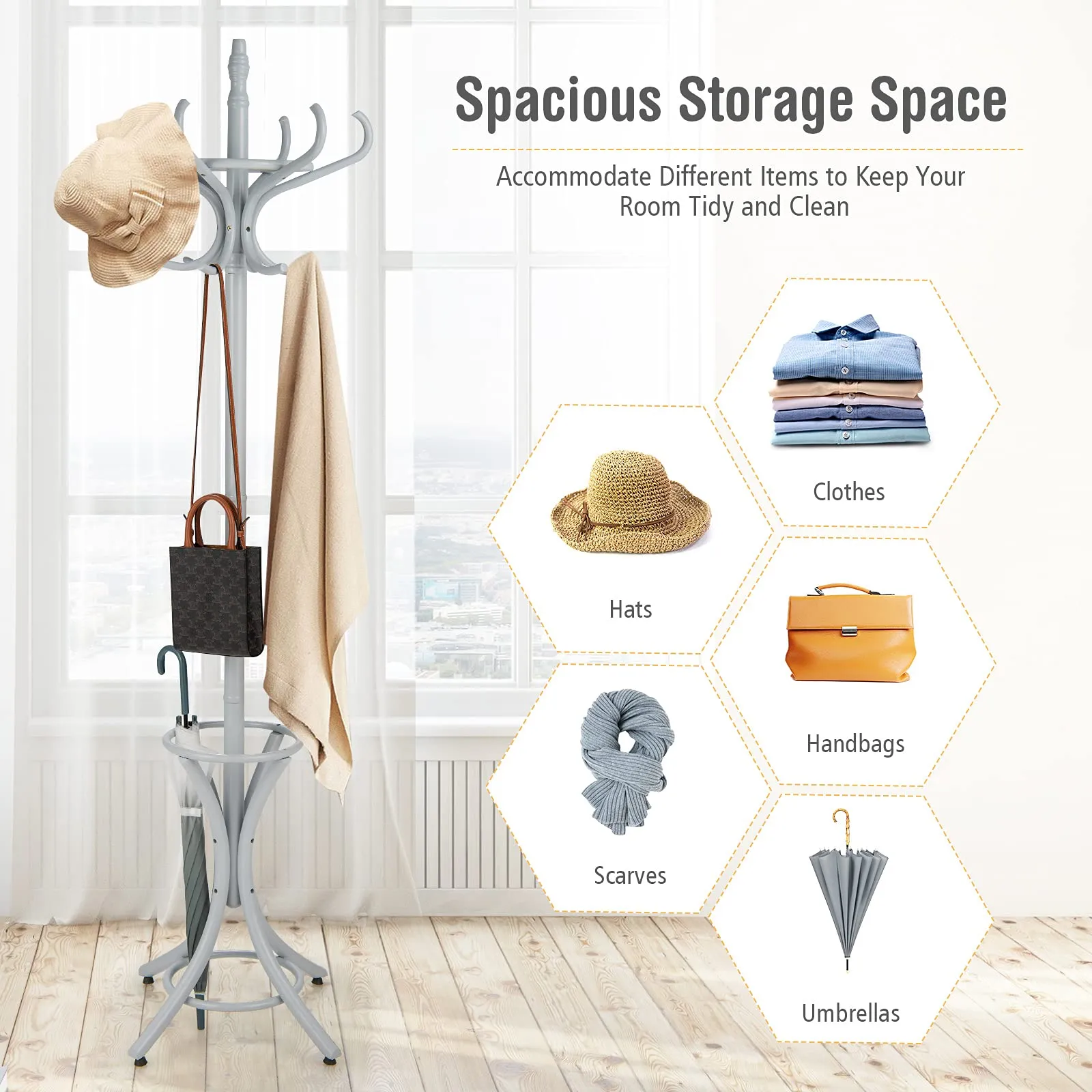 Tangkula 75.5" Standing Coat Rack, Wood Coat Tree with 12 Hooks