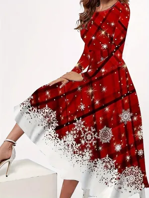 Vintage Chic Christmas Print Long Sleeve Midi Dress - Women's Crew Neck Dresses for Fall & Winter - Elegant, Comfortable, and Festive Holiday Clothing for Ladies