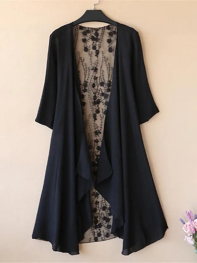 Women's Casual Jacket Street Daily Wear Vacation Summer Spring Long Coat Regular Fit Breathable Minimalist Casual Daily Comfortable Jacket 3/4 Length Sleeve Pure Color Lace Trims Black White