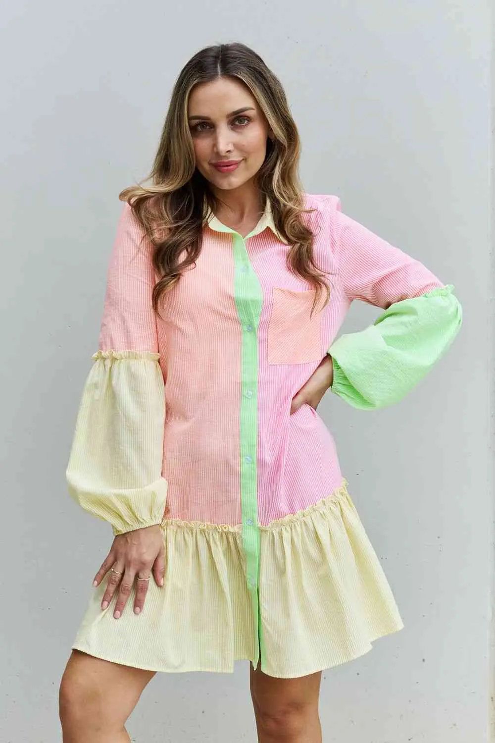 Women's Davi & Dani Flying Colors Full Size Colorblock Long Sleeve Shirt Dress