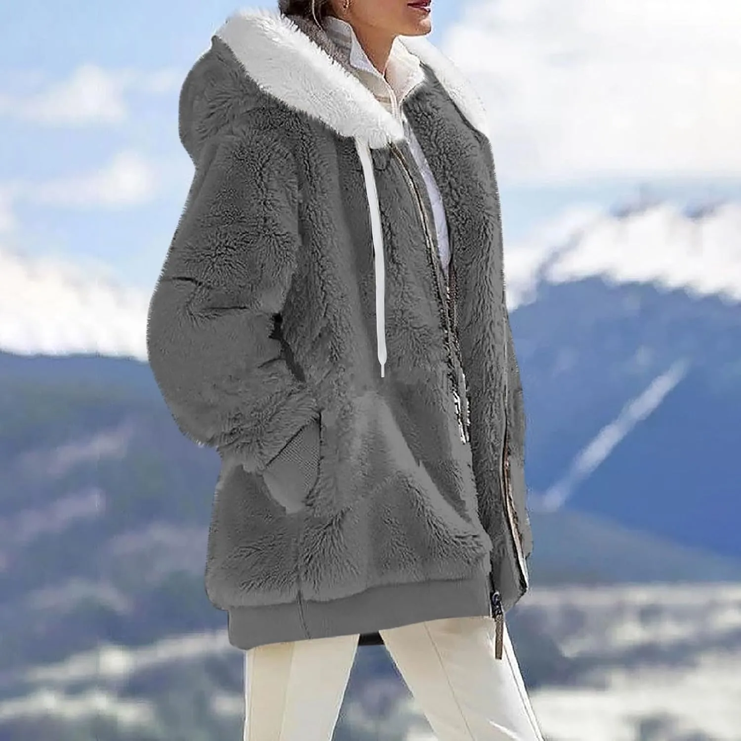 Womens Fleece Jackets Solid Zip Up Coats Long Sleeve Fuzzy Hooded Cardigans Jacket Outerwear With Pockets